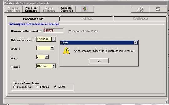 exemplo para execução do processo de cobrança por andar e ala para pacientes
