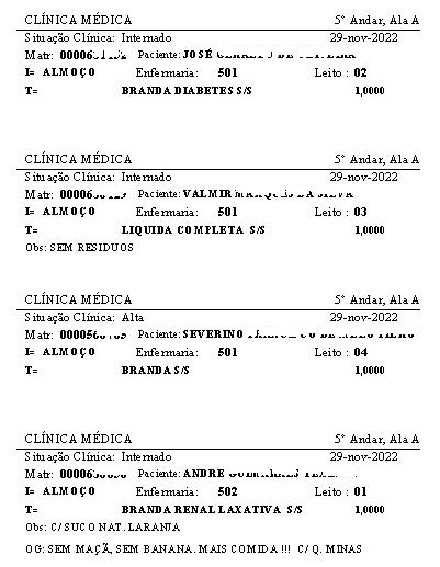 Etiquetas das refeições para pacientes na impressora Zebra