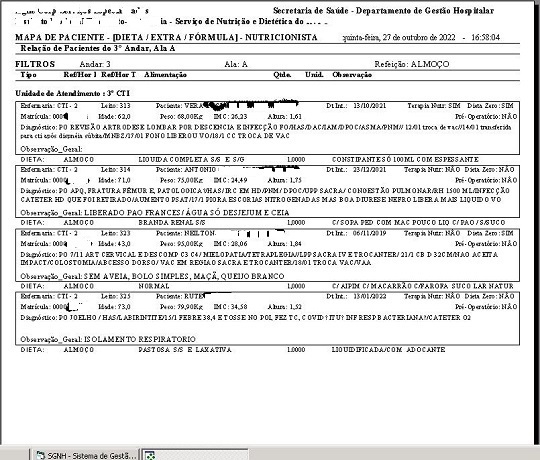 exemplo do relatório mapa das nutricionistas para pacientes impresso
