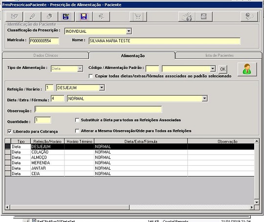 prescrição de alimentação para paciente