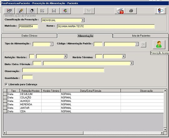 formulário de prescrição para inserção de informações sobre a alimentação do paciente